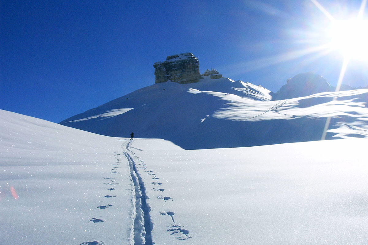 Neve con una traccia di sci e sole splendente
