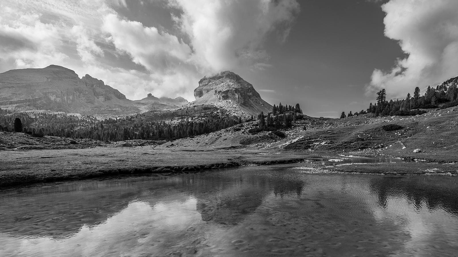 Panorama of the Dolomites in black and white